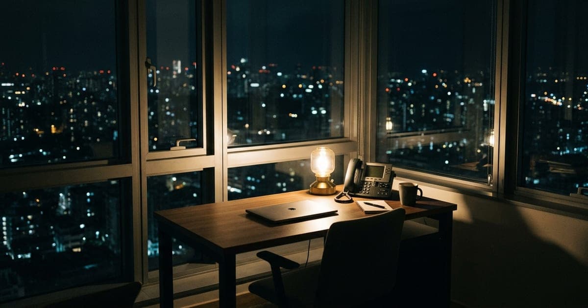 An office desk lit by a single lamp with a city skyline dark beyond the window
