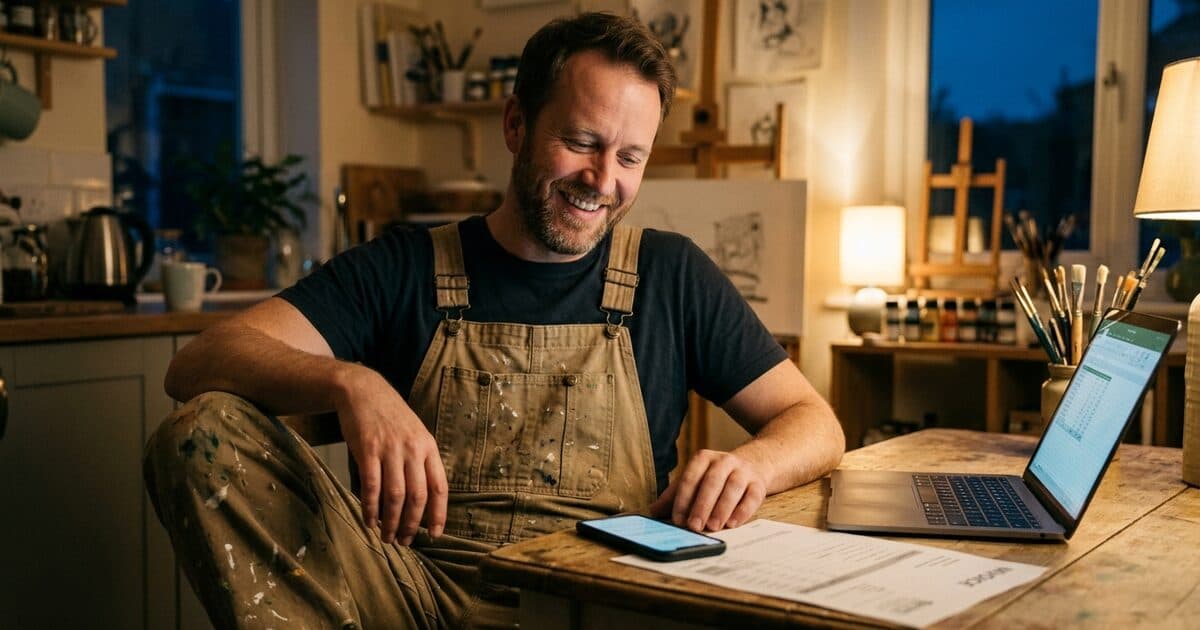 A painter in work overalls at his kitchen table in the evening, phone and laptop in front of him