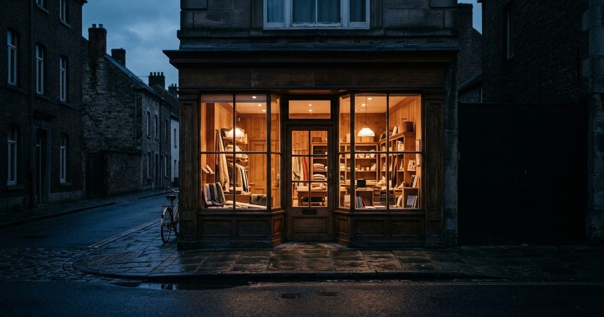 A small business storefront at night with a lit interior and closed sign