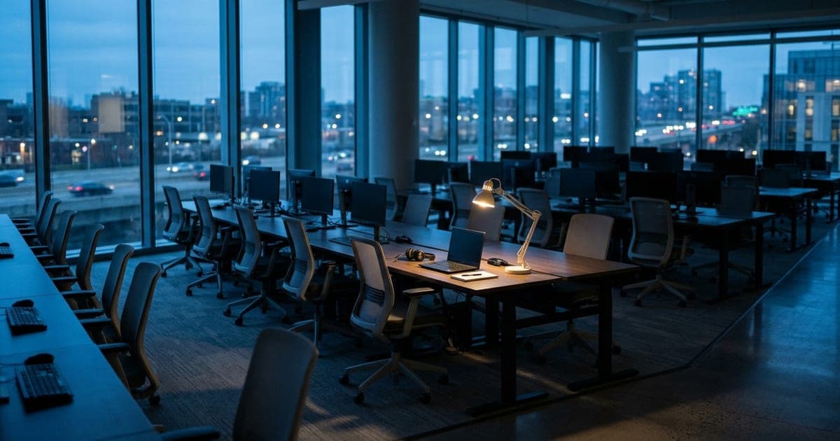 An empty open-plan office at dusk with a single desk lamp lit over a tidy workstation