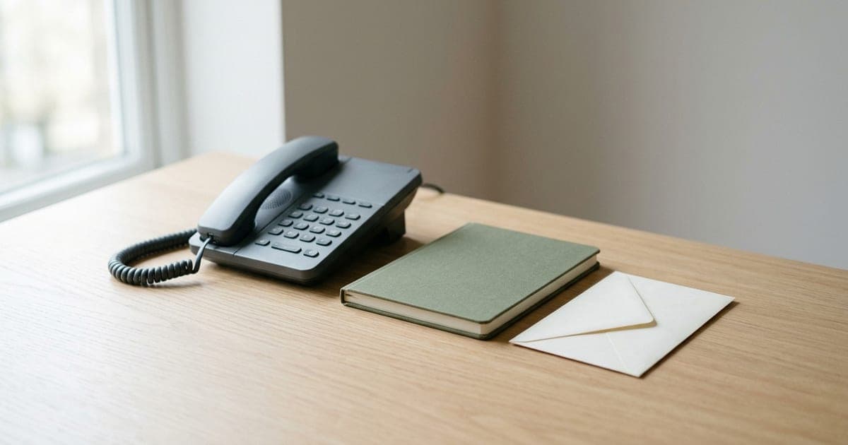 A desk telephone on a bare table beside a closed notebook and an unopened envelope, in cool morning light