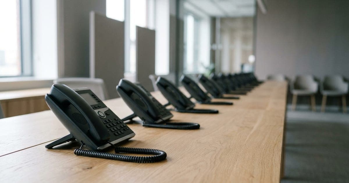 A row of desk telephones on a long pale oak table in soft morning light, one handset slightly lifted