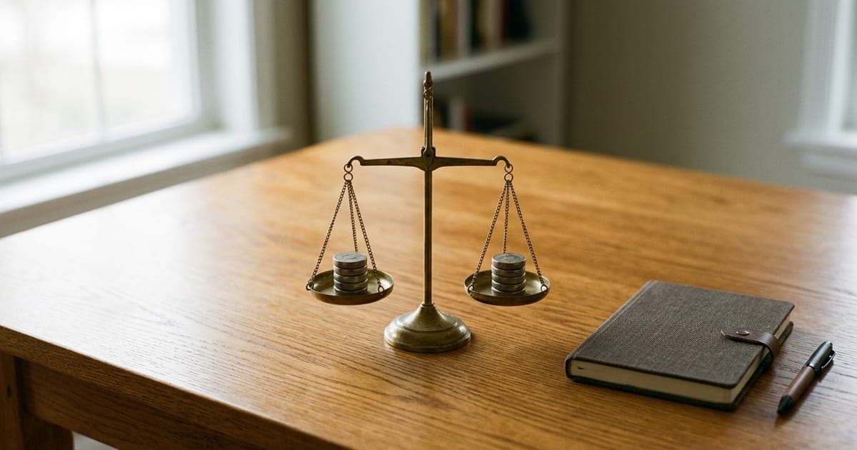 A brass balance scale evenly weighted on a wooden desk in soft window light