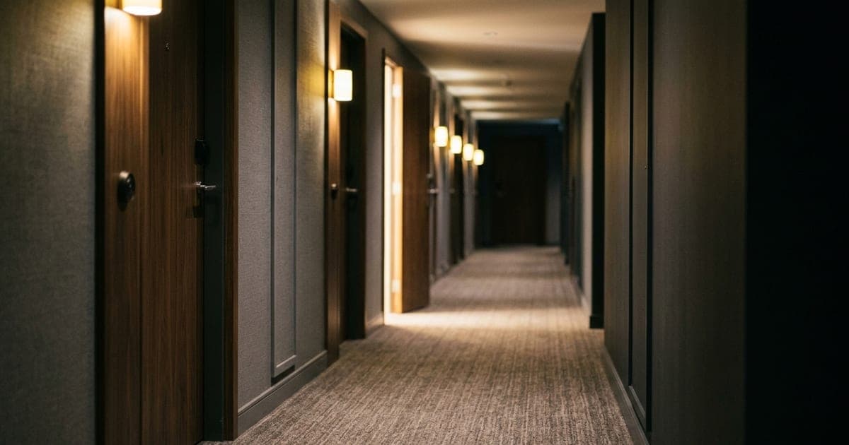 Guest corridor of a small hotel at night with warm wall lighting