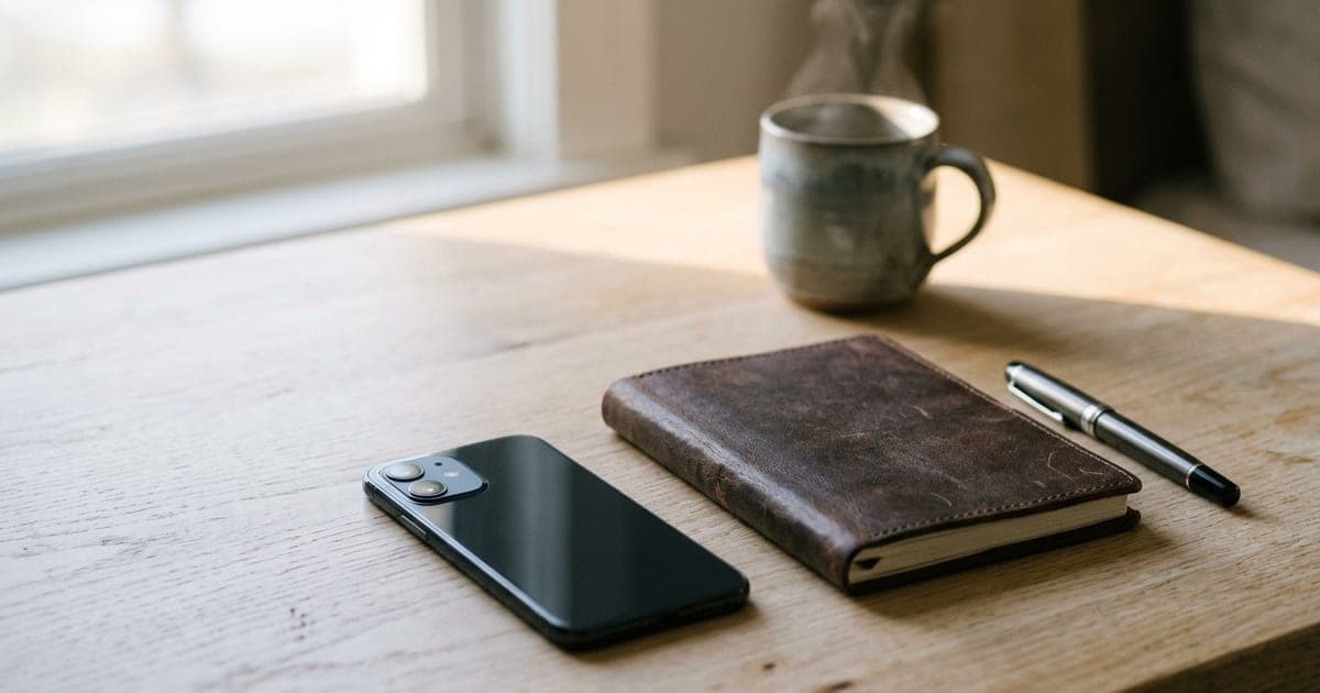 A smartphone face down on a desk beside a closed order book and a pen in morning light