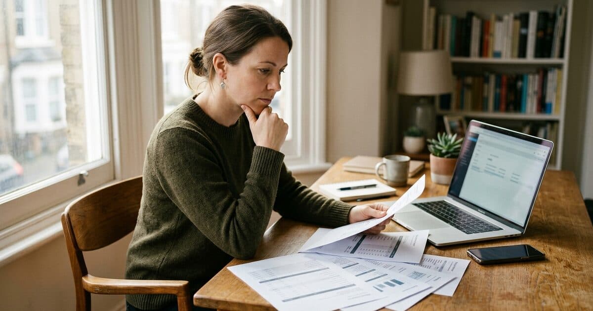 A business owner comparing printed pricing sheets at a desk next to a laptop and phone