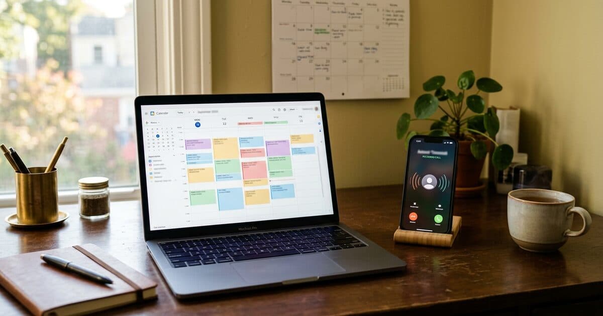 A laptop showing a weekly calendar with booked appointments next to a phone lighting up with an incoming call