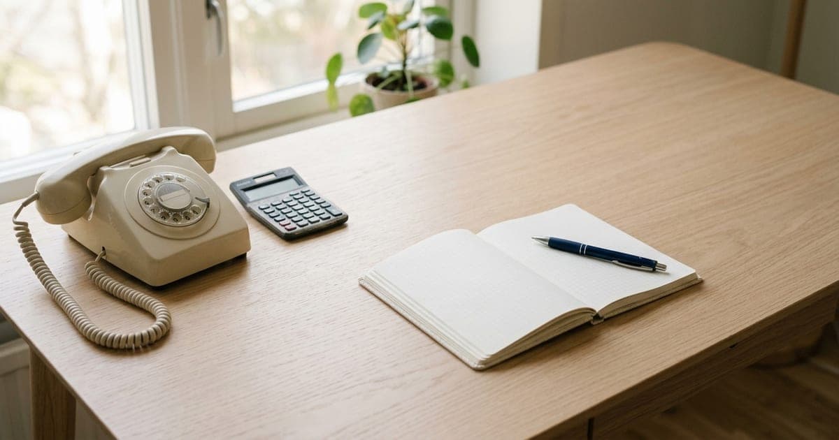 A calculator and notebook on a desk beside a telephone in morning light