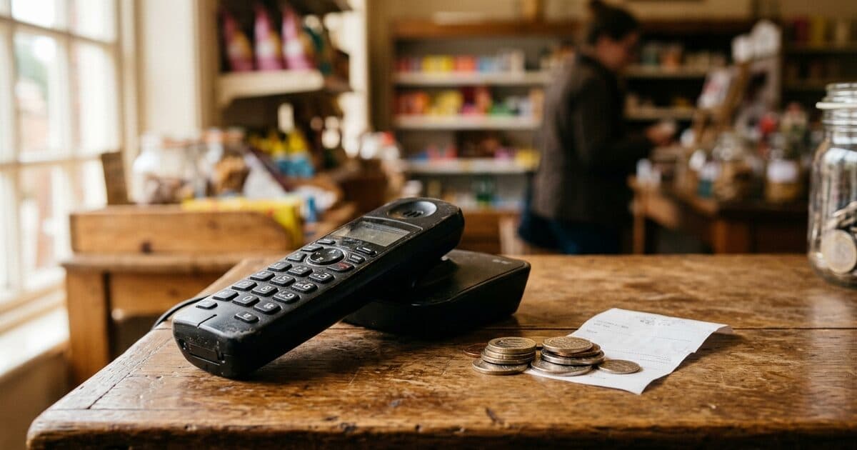 A desk phone handset beside a small stack of coins and a receipt on a wooden shop counter