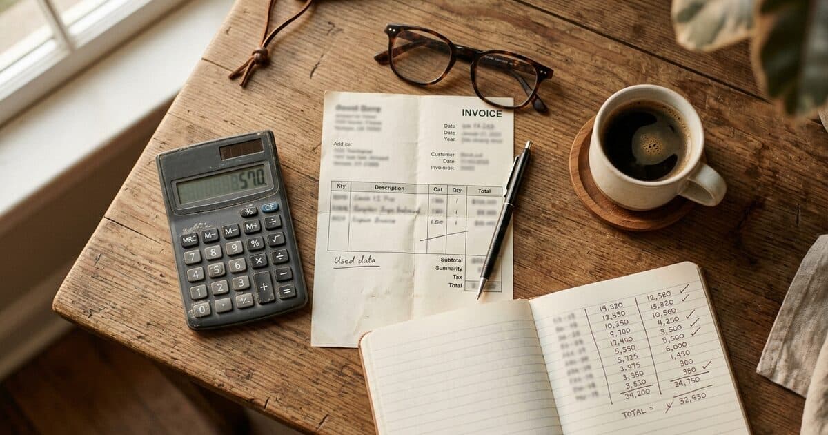 A calculator, invoice, and handwritten numbers being compared on a small desk in morning light