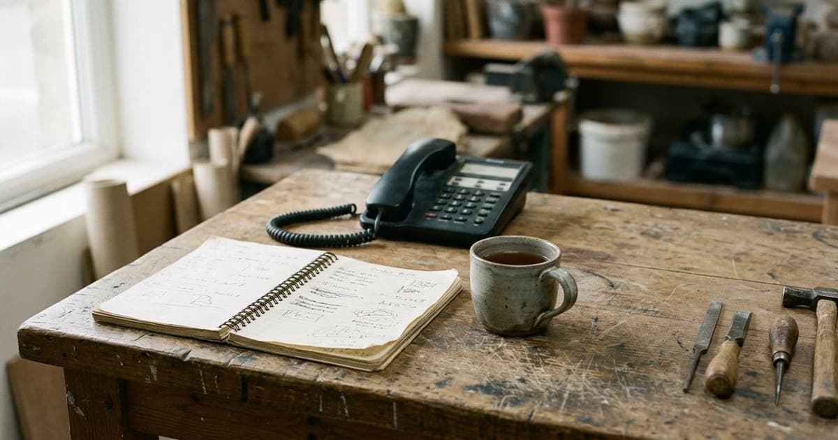 A small workshop counter with a telephone and order book in daylight