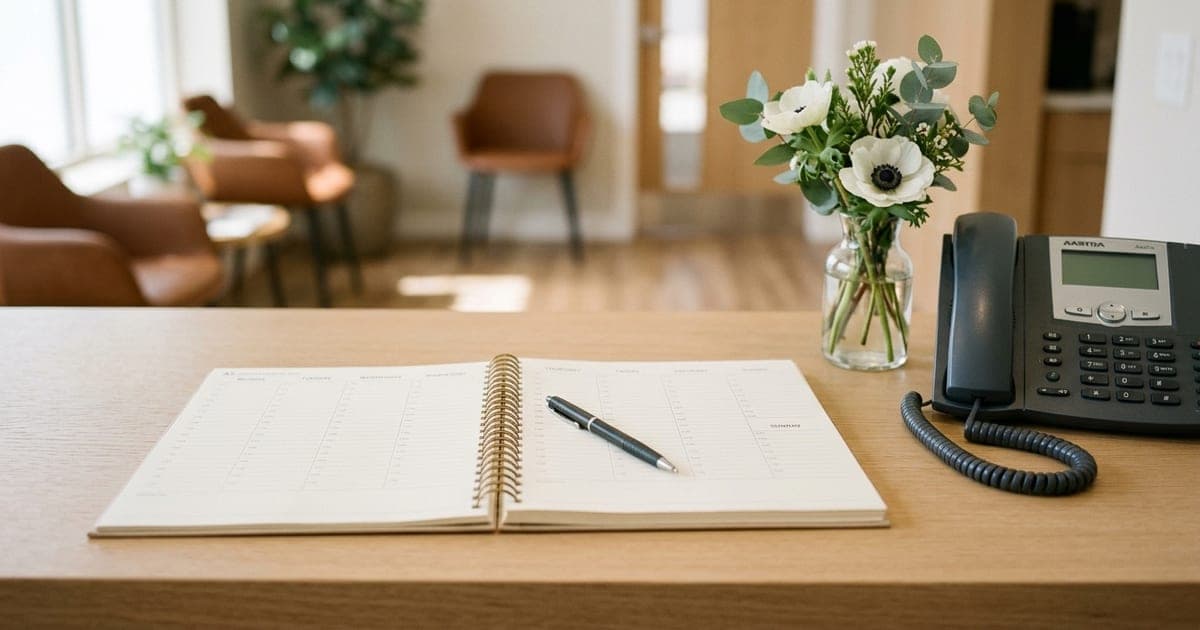 A paper appointment book open on a reception desk beside a telephone and a small vase of flowers