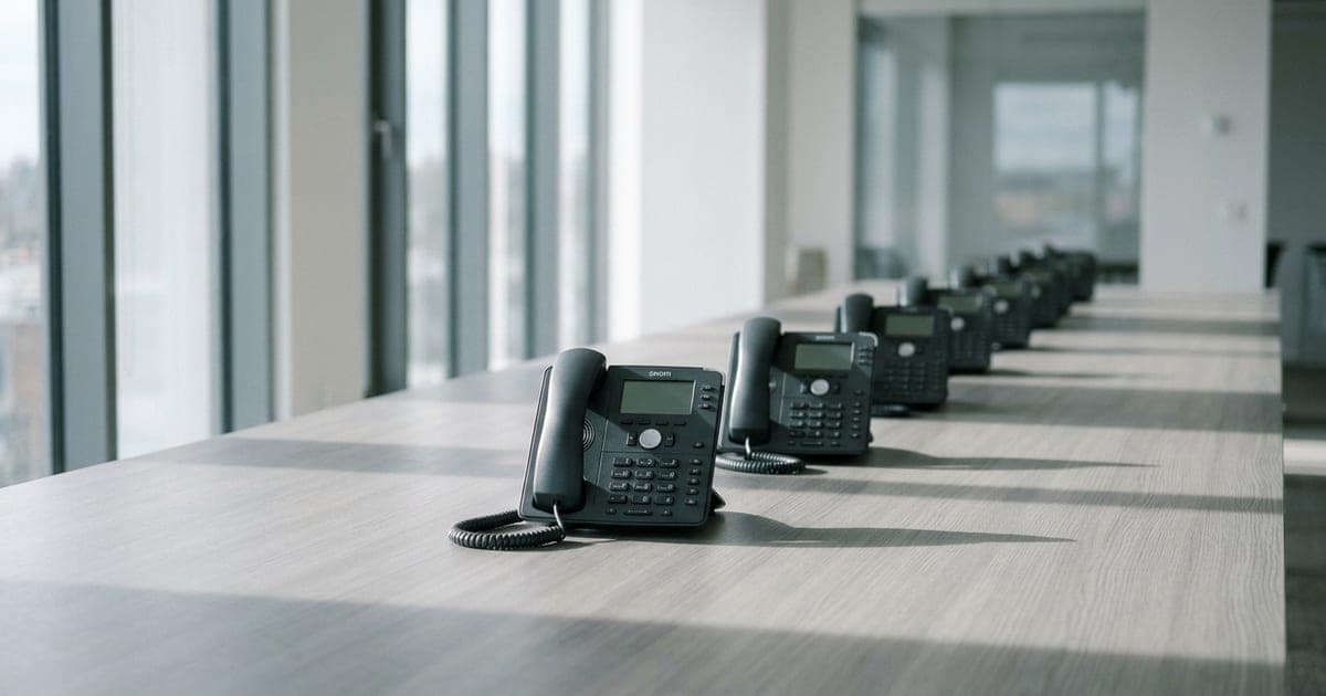 A row of identical desk telephones on a long empty table in soft side light