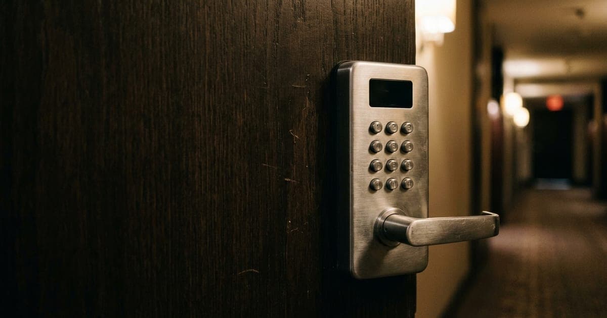 A smart lock keypad on a hotel room door lit by corridor light