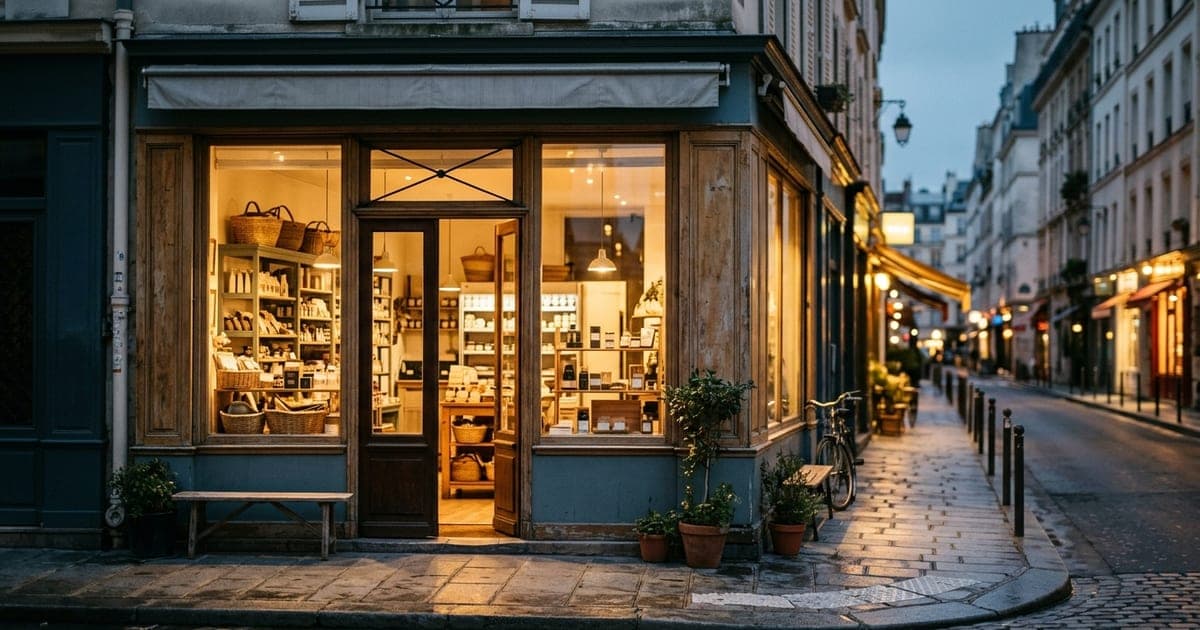 A neighbourhood shopfront at dusk on a busy street