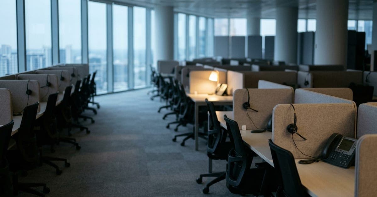 An empty open-plan office at dawn with rows of desks, headsets resting beside desk phones
