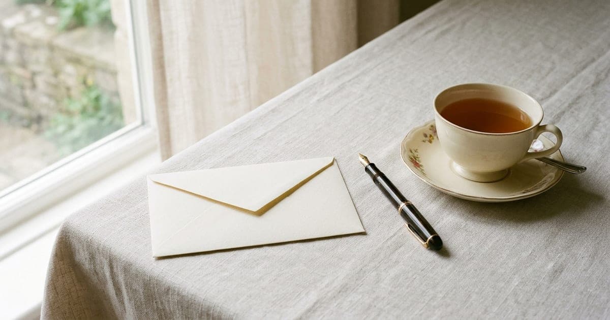 A sealed cream envelope and a fountain pen on a linen tablecloth beside a cup of tea in soft window light
