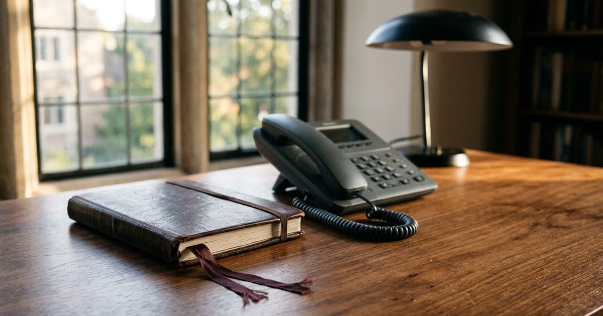 A closed leather-bound diary with a ribbon marker beside a desk telephone on a walnut desk in late afternoon light