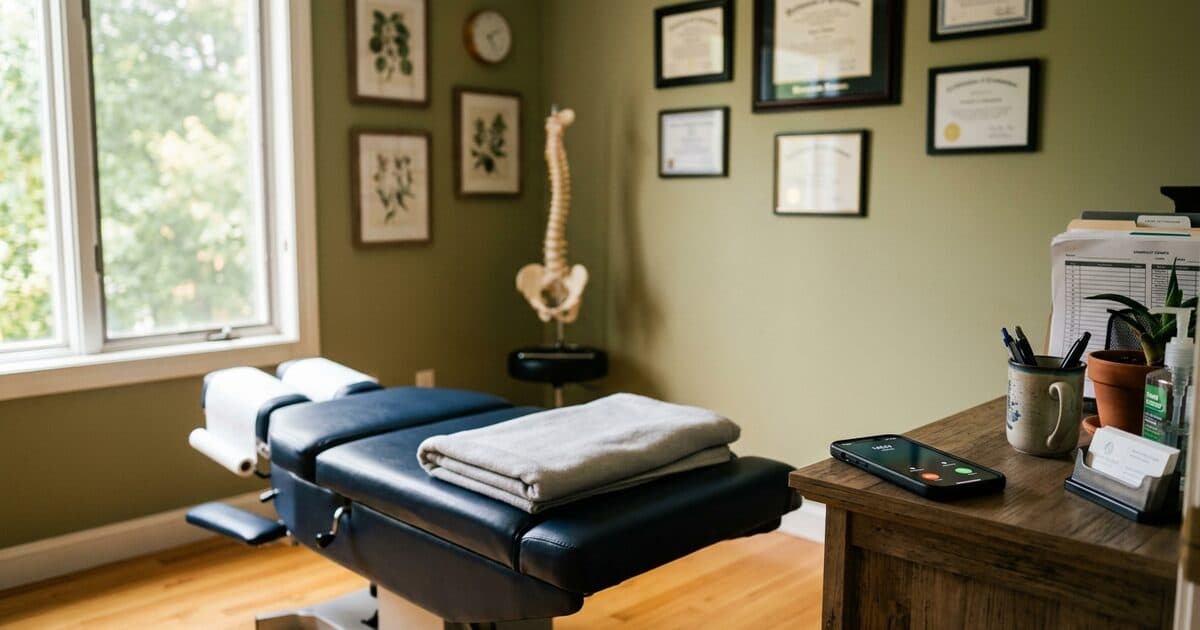 A chiropractic treatment room with an adjustment table and a spine model, a phone lighting up with an incoming call on the counter