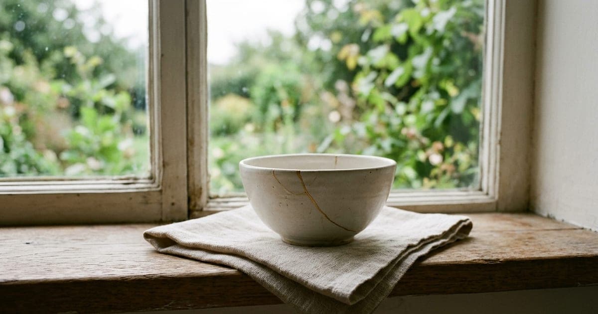 A cracked ceramic bowl repaired with a gold seam resting on a linen cloth beside a window