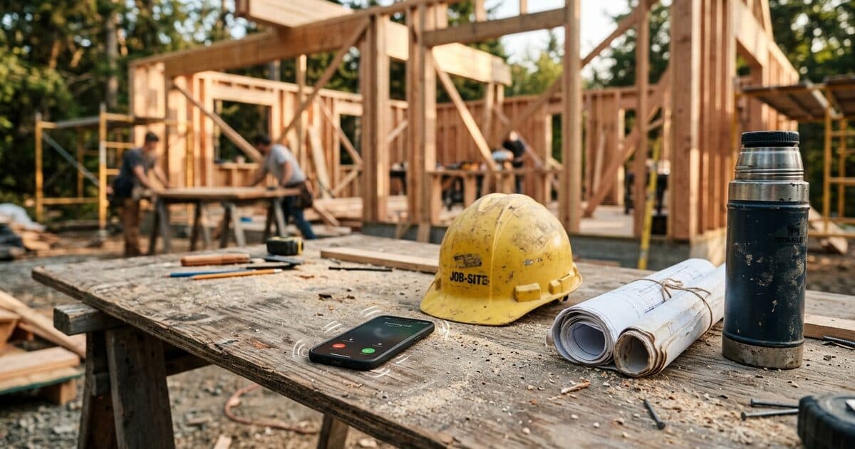 A smartphone ringing on a dusty job-site table next to a yellow hard hat and rolled blueprints, timber house framing behind