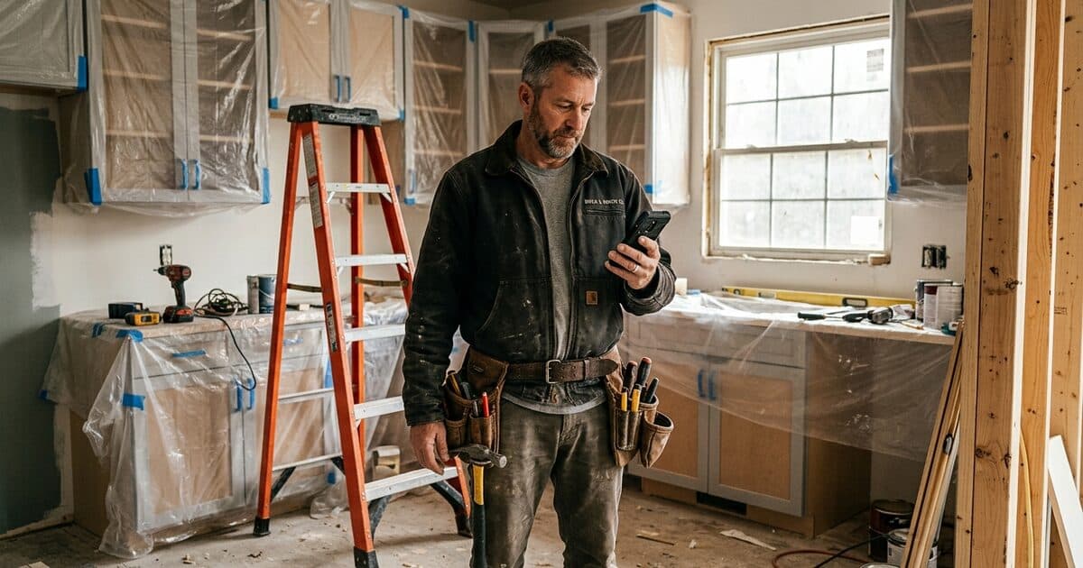 A general contractor in a half-renovated kitchen checking his phone, tool belt on, cabinets wrapped in plastic