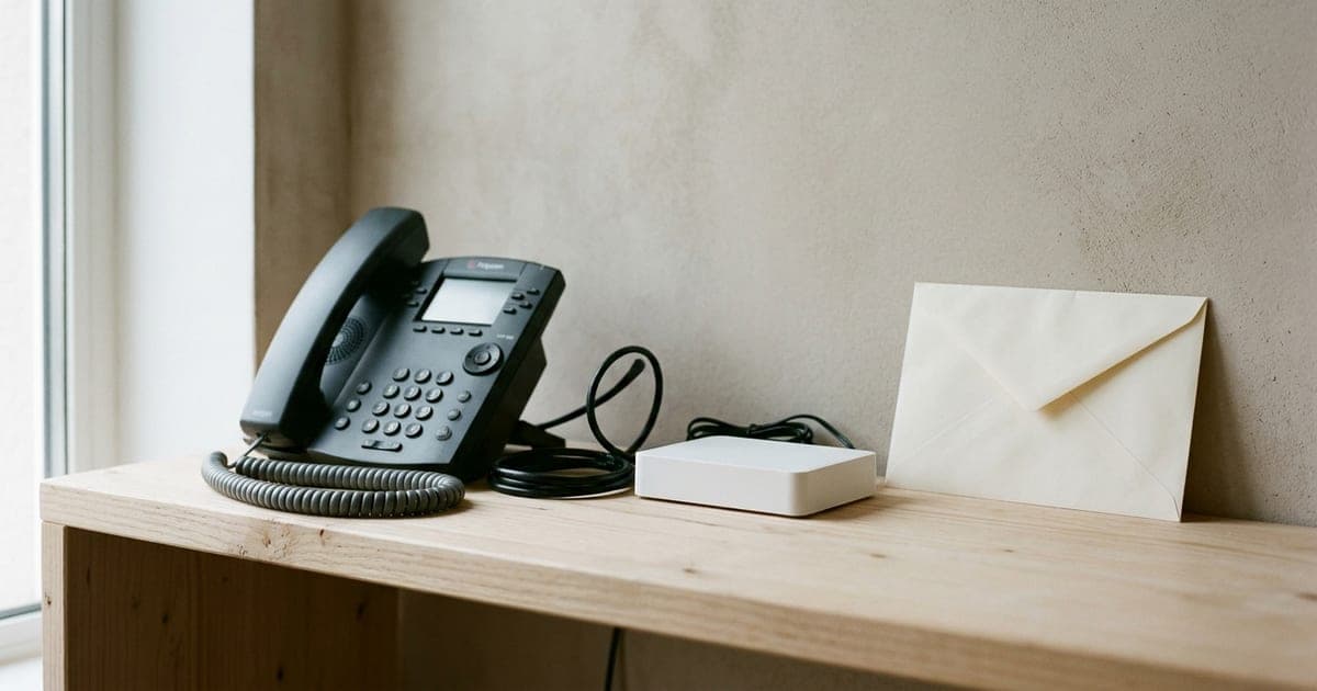 A desk telephone connected by a neatly coiled cable to a small router on a pale shelf, with a sealed envelope leaning beside it