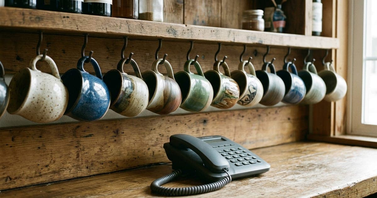 Mismatched mugs hanging on hooks above a café counter with a telephone below