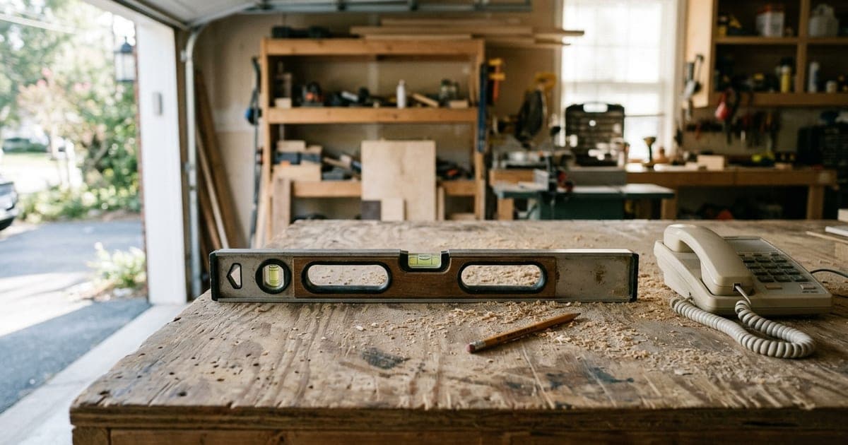 A spirit level lying flat on a workbench beside a desk phone in a sunlit garage