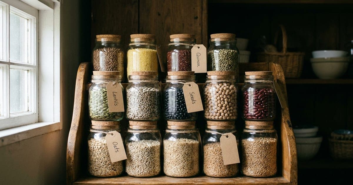 Rows of glass jars of dried seeds sorted on a wooden pantry shelf, some labelled with blank kraft tags, in soft side light