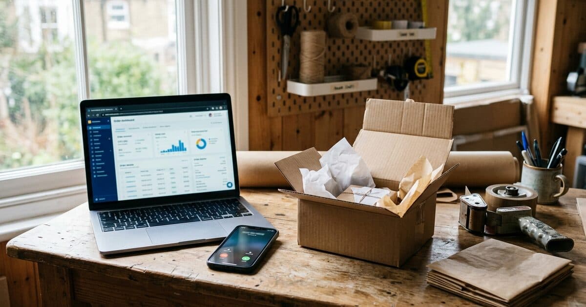 An ecommerce packing station with a laptop showing orders and a phone lighting up with an incoming call