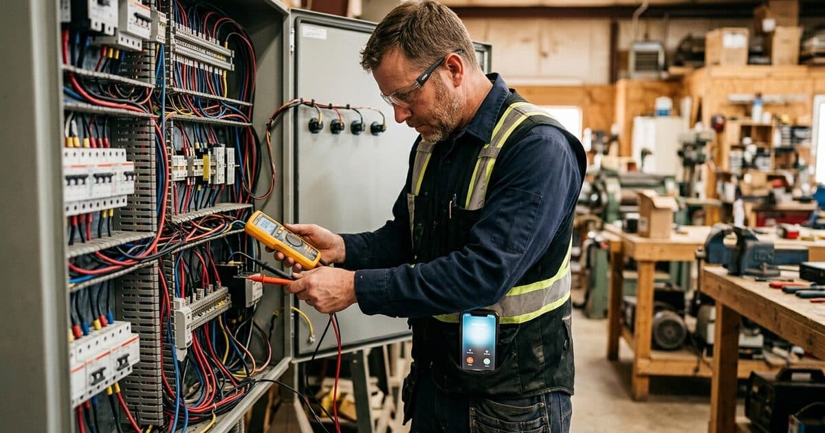 An electrician testing an open panel, a phone lighting up in his chest pocket