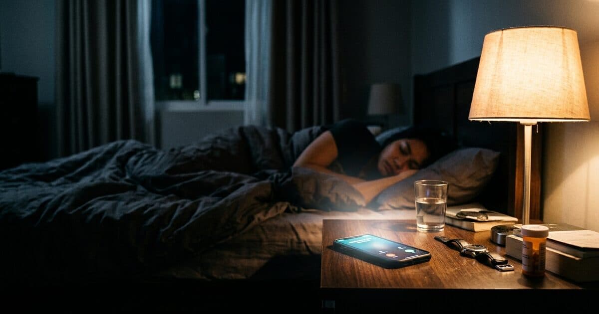 A phone lighting up with an incoming call on a bedside table in a dark bedroom at night