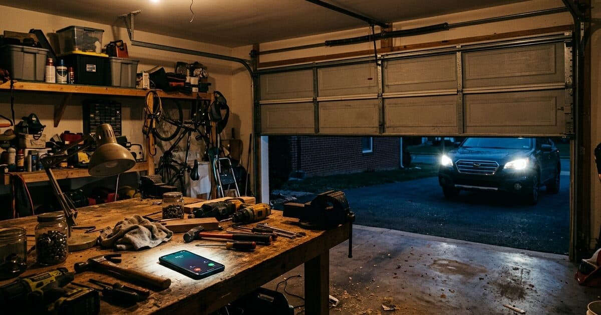 A garage interior at dusk with the door stuck half-open, a car waiting outside with headlights on, a phone lighting up on the workbench
