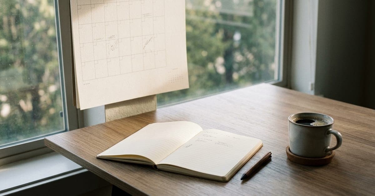 A desk with a paper planner and notebook in morning light