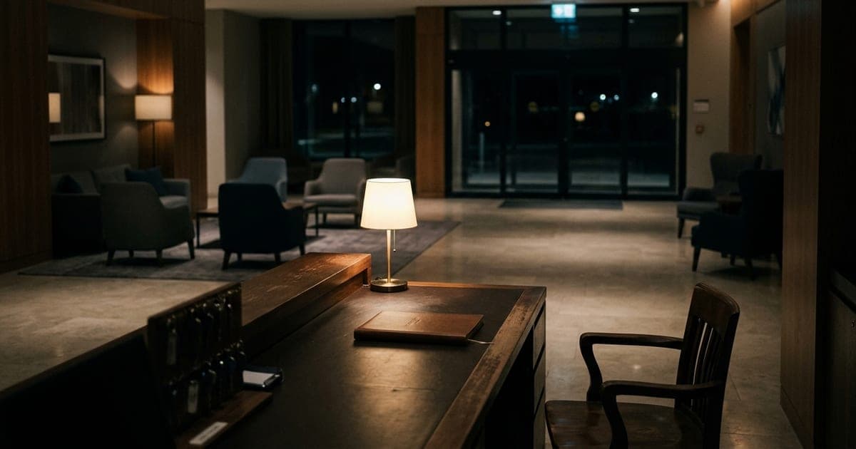 Empty hotel reception desk lit by a single lamp late at night