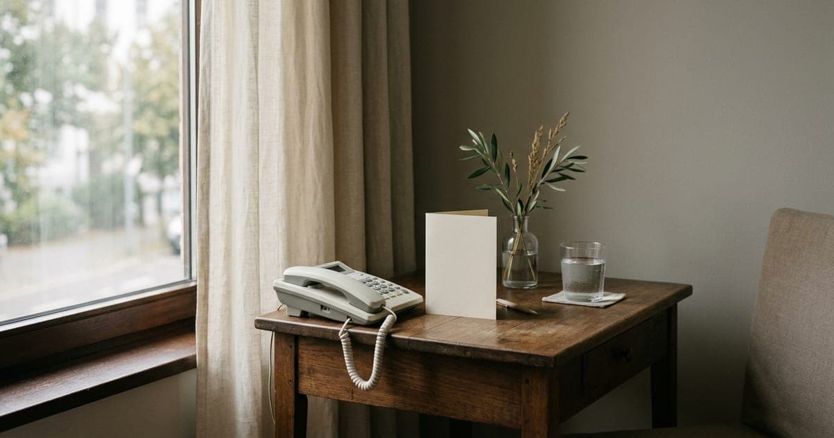 A hotel room desk with a folded welcome card and a phone beside a window
