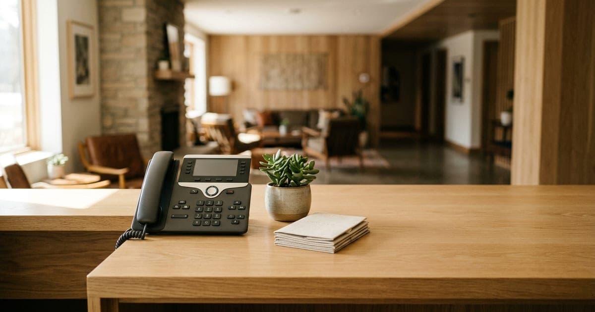 Reception counter of a small modern hotel with a desk telephone in morning light