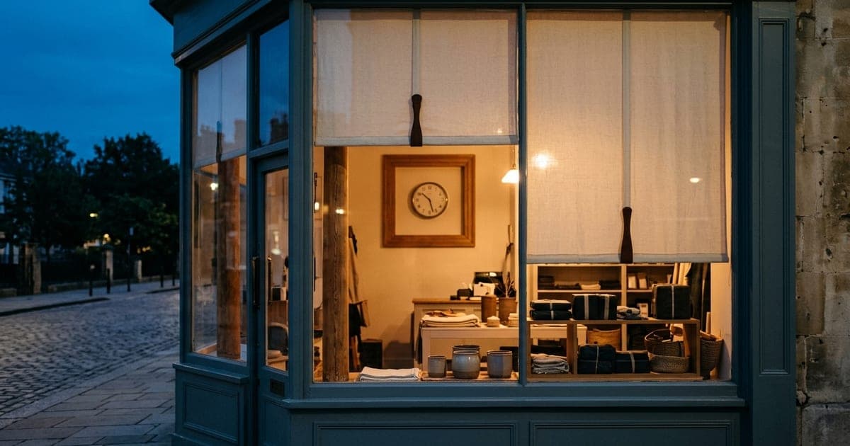 A shop window at closing time with warm interior light against a blue evening