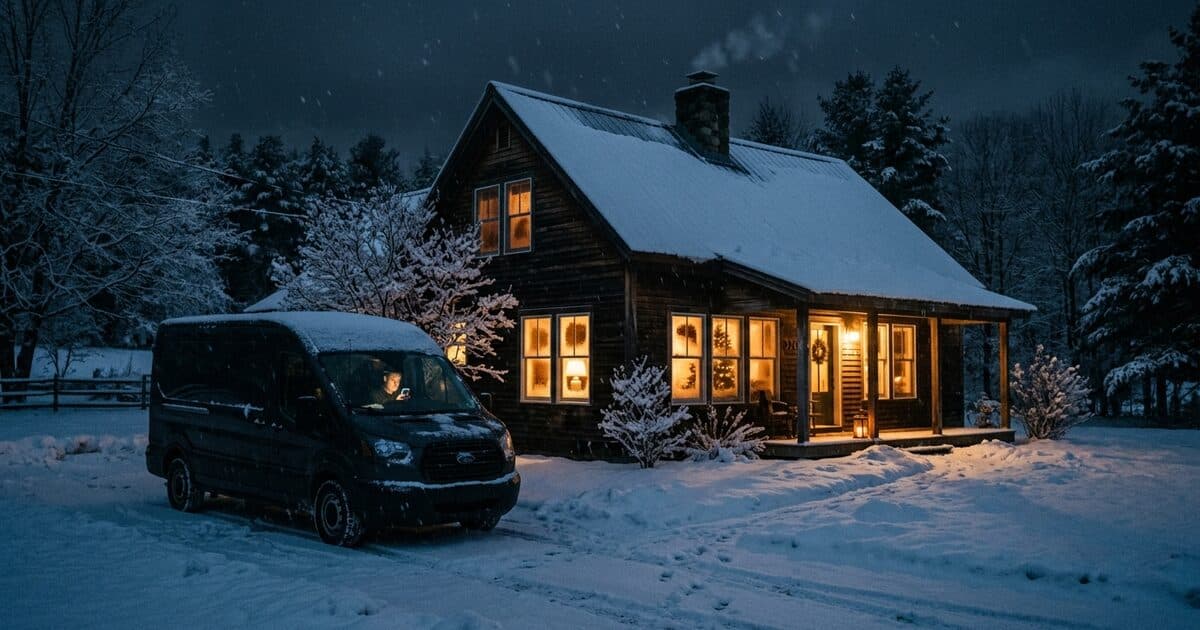 A snow-covered house at night with warmly lit windows and a service van outside, a phone glowing inside