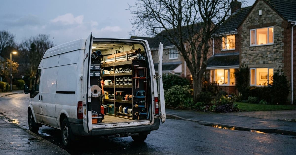 A service van parked outside a house at dusk with tools in the open rear doors