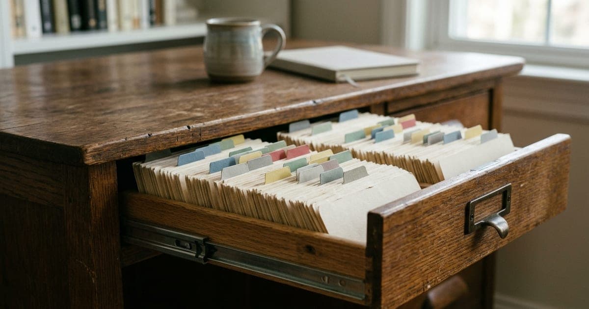 A wooden card-index drawer pulled open on a desk, rows of blank tabbed cards in soft afternoon light