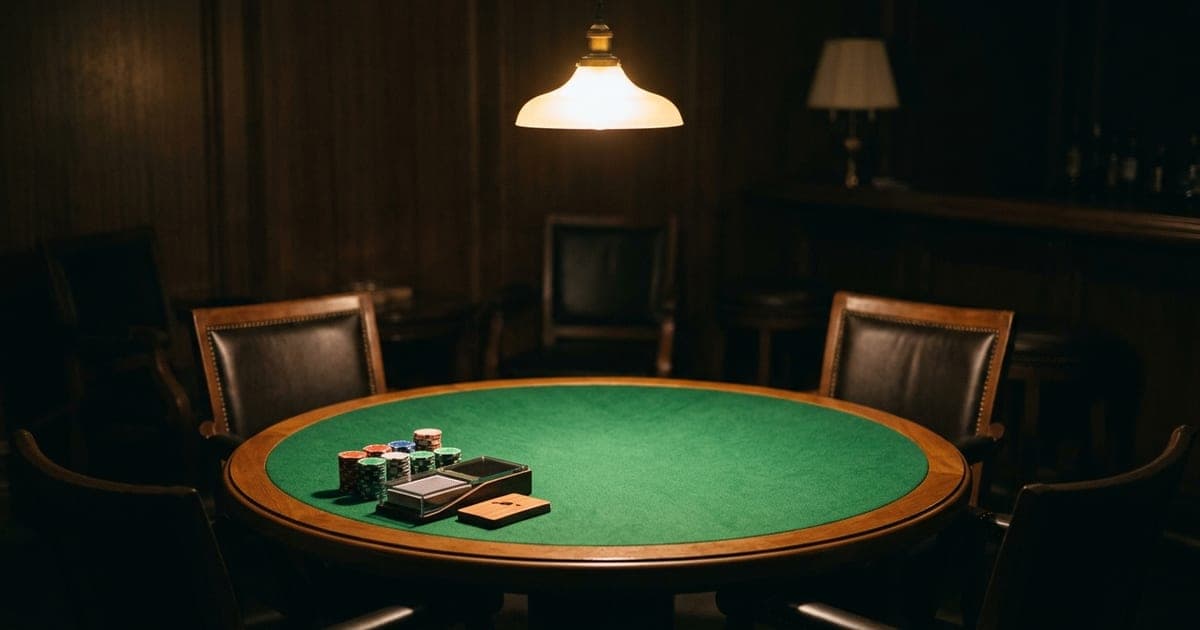 A green baize card table in a quiet room with a neat stack of chips and a closed card shoe under a single lamp