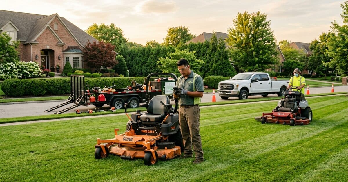 A landscaping crew with commercial mowers on a suburban lawn in morning light, one checking a phone