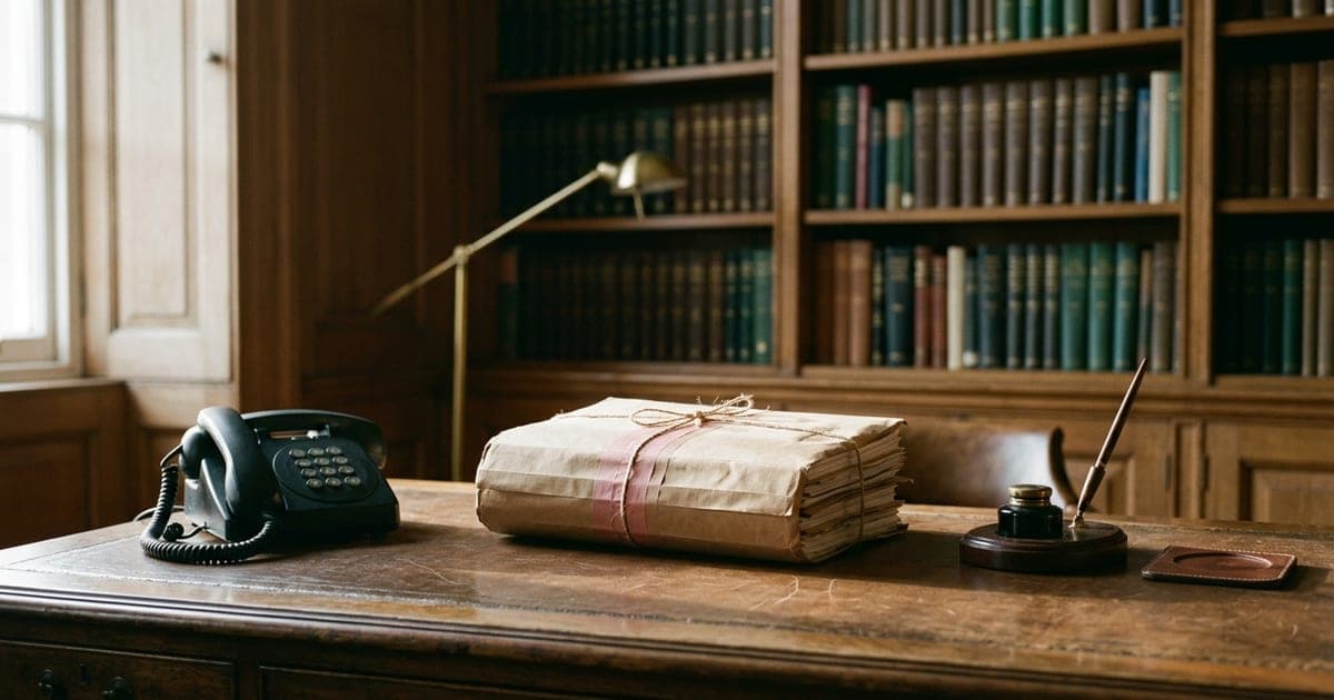 A quiet law office desk with a telephone and closed case files in afternoon light