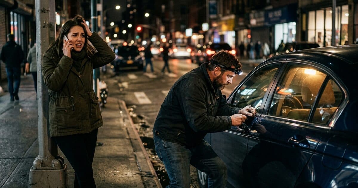 A locksmith opening a car door at night while the locked-out owner phones for help
