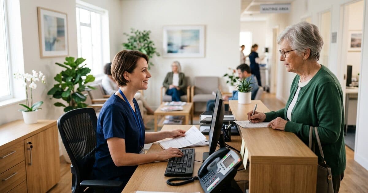 A medical practice front desk in the morning, a patient checking in while the desk phone blinks with waiting calls