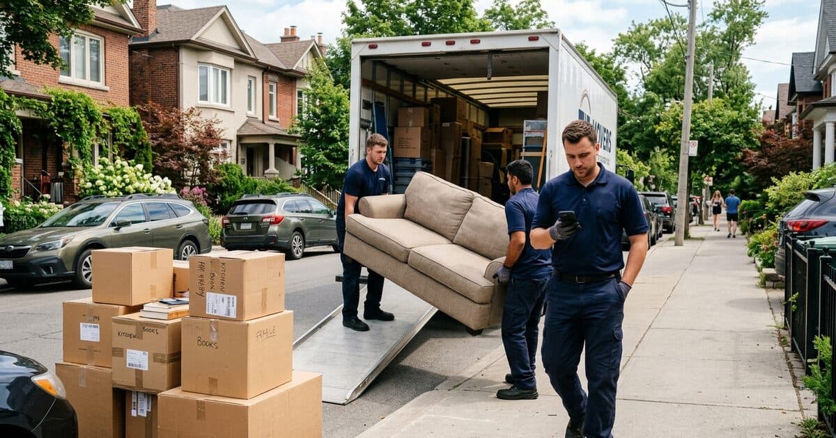 Movers carrying a sofa into a moving truck on a residential street, one checking his phone