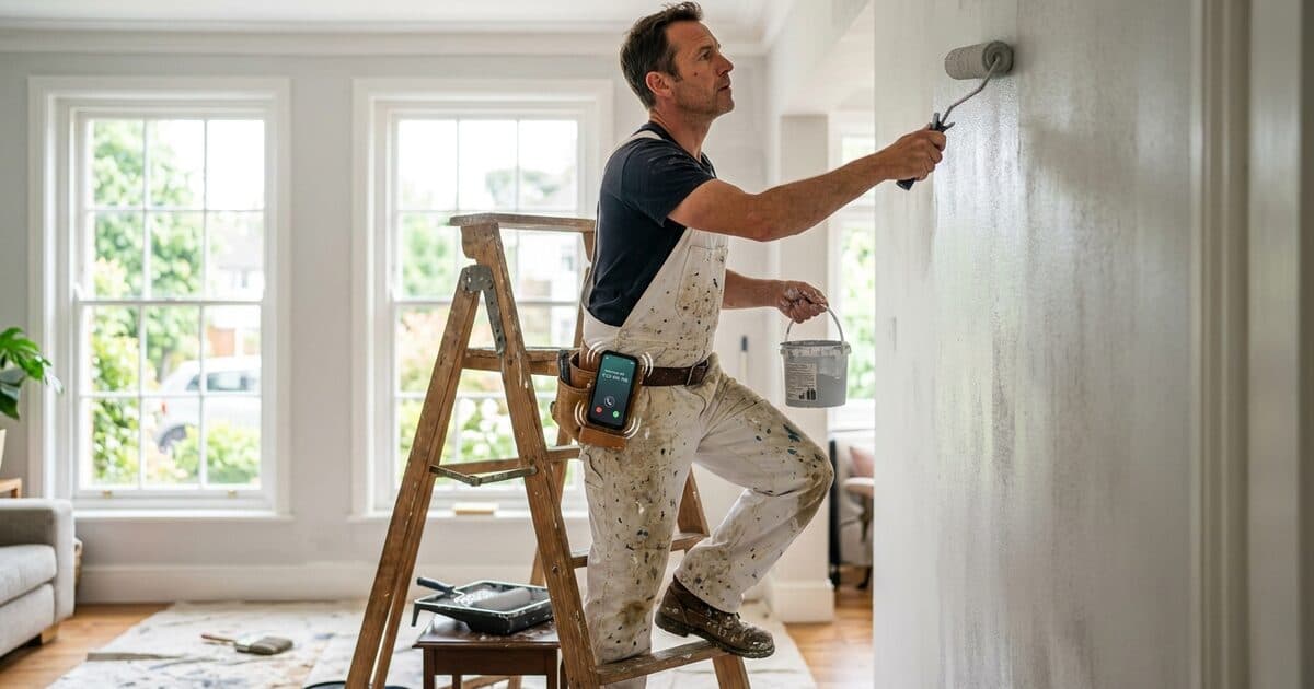 A painter on a ladder rolling a wall, a phone buzzing in his belt holster