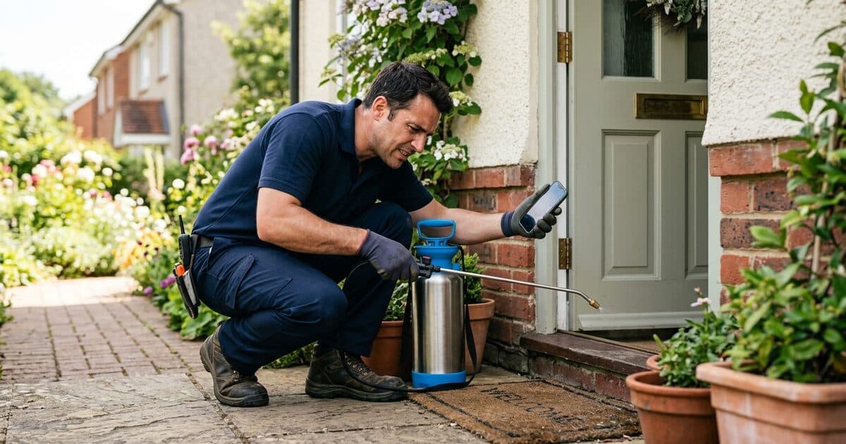 A pest control technician with a sprayer at a doorstep, glancing at a phone he cannot answer